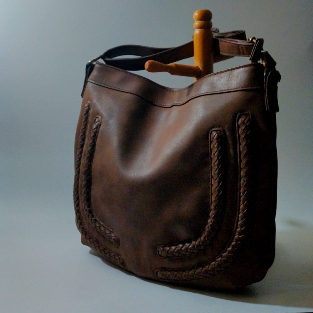 Maurices Luxurious Brown‎ Leather with Braided accents in front Crossbody Bag
